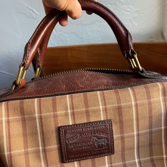 Vintage Polo Ralph Lauren Equestrian Plaid Leather Weekender Satchel Bag Travel - Picture 9 of 16